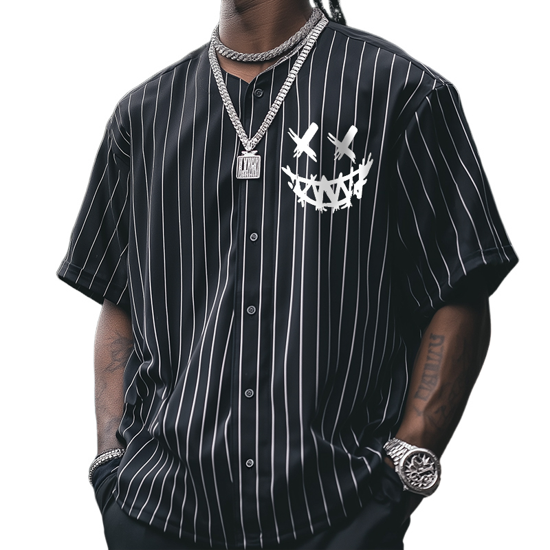 Men's Retro Casual Striped Smiley Face Hip Hop Baseball Button Short Sleeve T-Shirt MTA1474C2TO