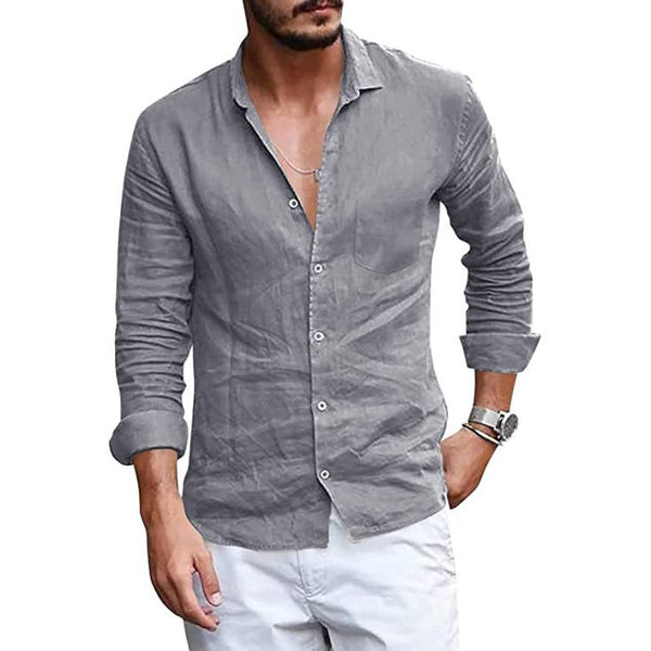 Men'S Casual Lapel Thin Long-Sleeved Solid Color Shirt 80522141M