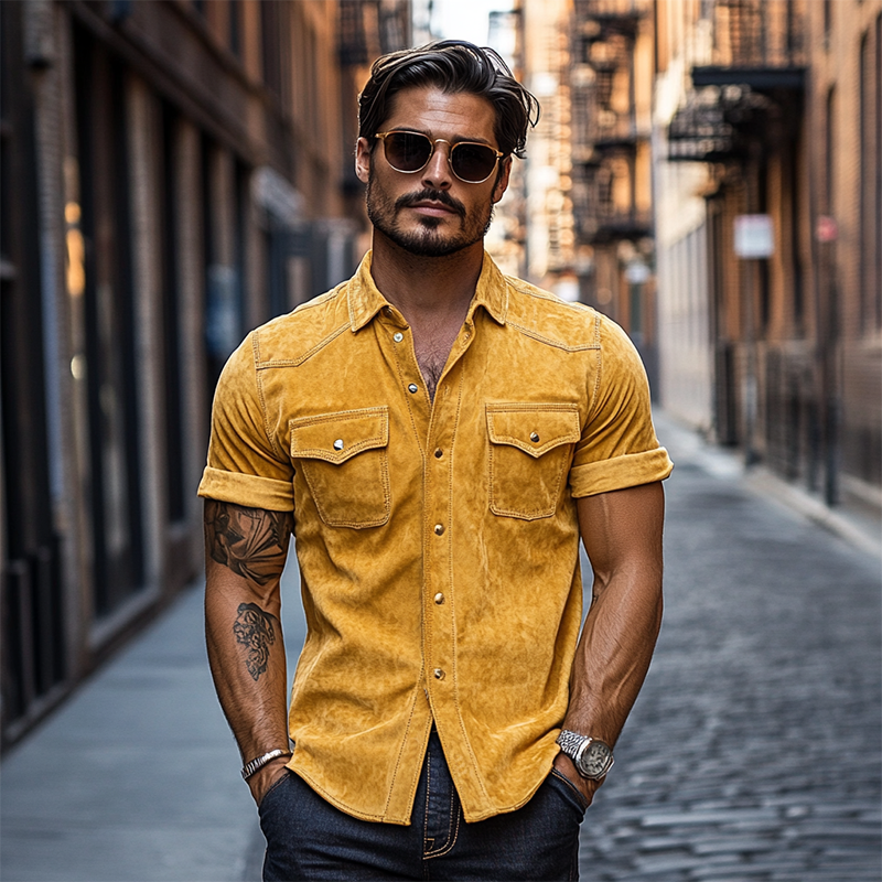 Men's Classic Retro Western Fit Multi-Pocket Suede Rolled Hem Short Sleeve Shirt 03623865K