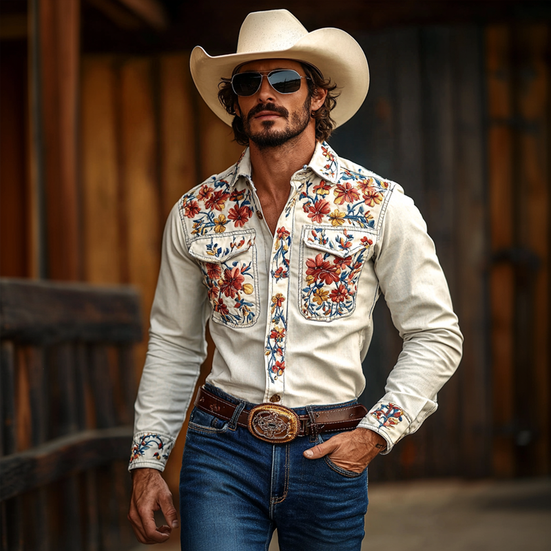 Vestlig cowboystil for menn, brodert jakkeslag, brystlomme, langermet bomullsskjorte 42207261Z