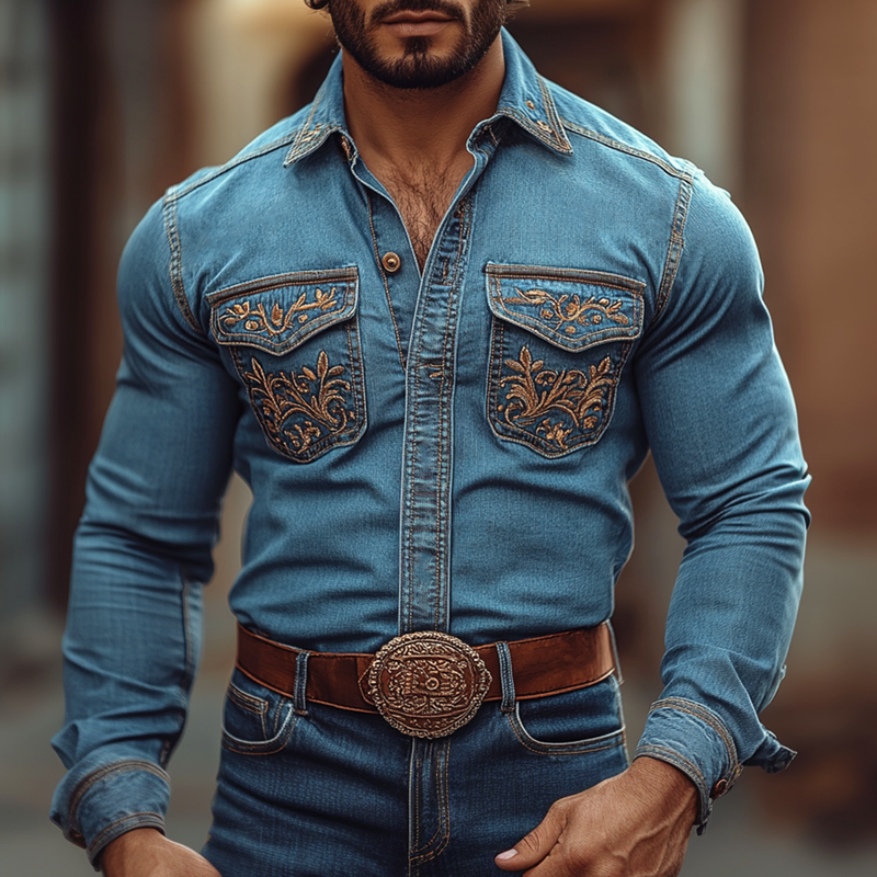 Vestlig cowboystil for menn, brodert jakkeslag, brystlomme, langermet dongeriskjorte 49834284Z