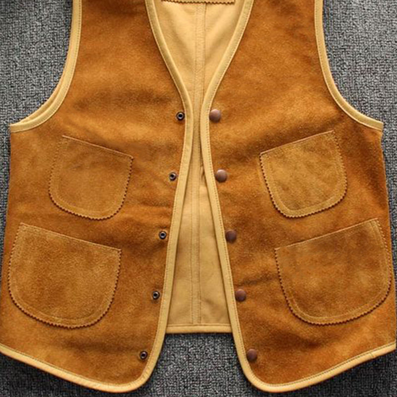 Men's Vintage Suede Snap Button Multi-Pocket V-Neck Vest 11137944U