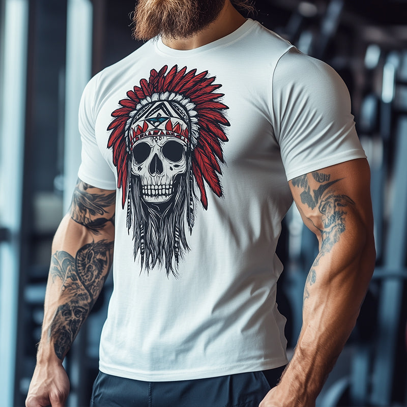 Men's Vintage Cotton Indian Skull Printed Casual Sports Round Neck Short Sleeve T-Shirt 50094979TO