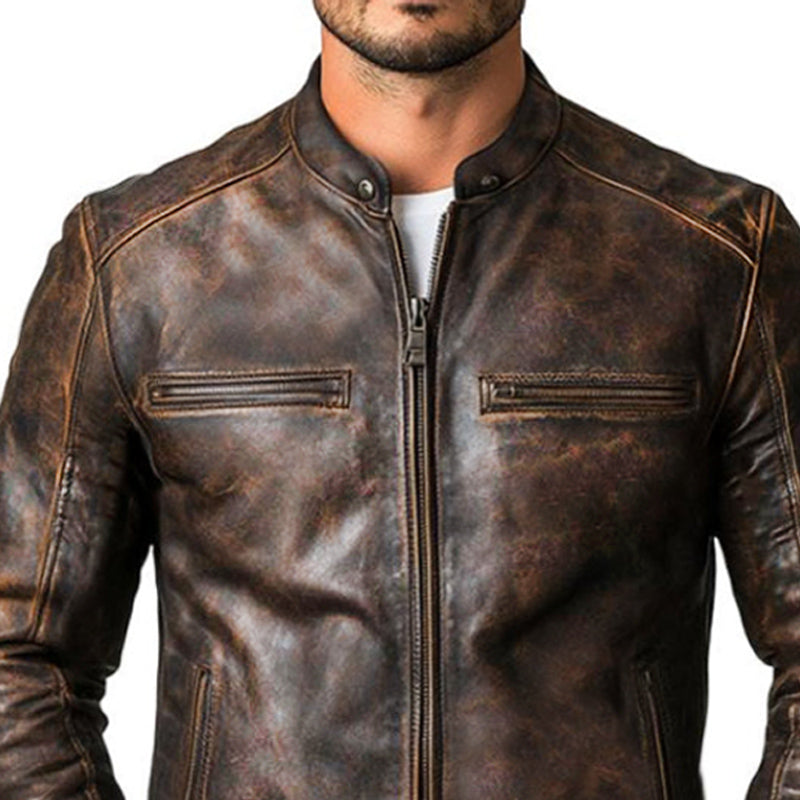 Men's Vintage Distressed Zipper Leather Jacket 57298921U