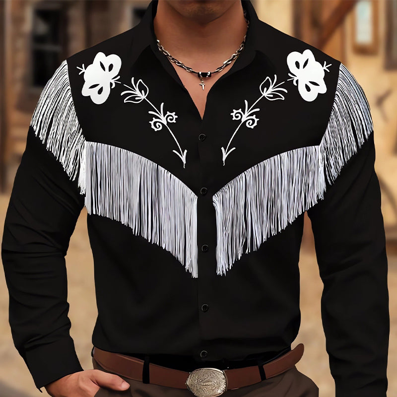 Men's Vintage Embroidered Tassel Long Sleeve Cotton Shirt 67104892U