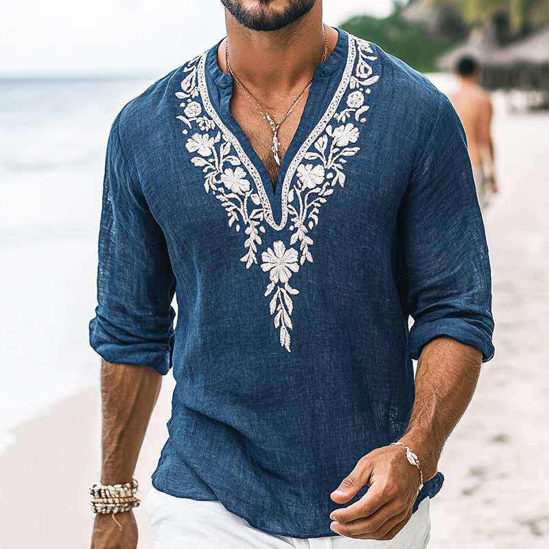 Men's Vintage Casual Embroidered Cotton and Linen Henley Collar Long Sleeve Shirt 39916816TO