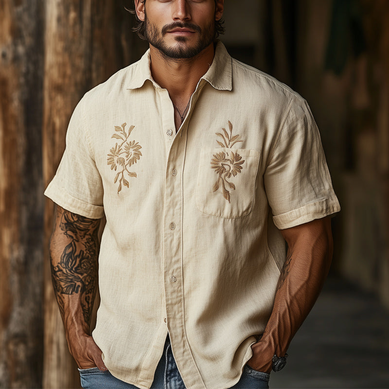 Men's Casual Khaki Tencel Vintage Embroidered Short-sleeved Shirt 42696162U