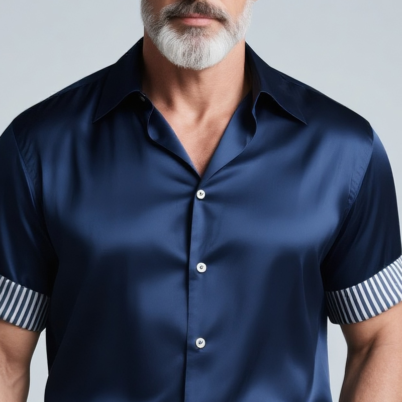 Men's Striped Rolled Short Sleeve Lapel Satin Shirt MTA2395G2Z