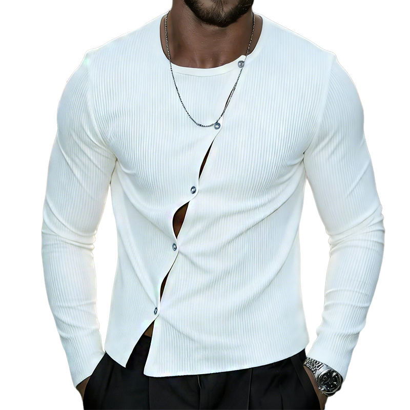Men's Retro Casual Ribbed Crew Neck Button-Up Long Sleeve T-Shirt MTZ0539B0TO