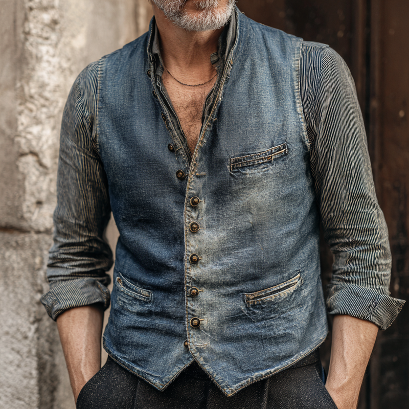 Men's Vintage Washed Denim Round Neck Single Breasted Multi-pocket Vest MTA2166H4Z