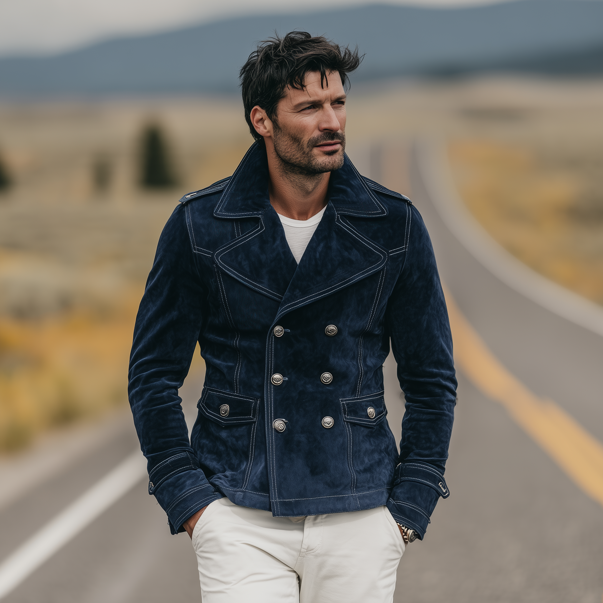 Men's Classic Vintage Western Style Lapel Suede Double Breasted Jacket MTA1889H9K