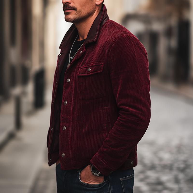 Men's Retro Dark Red Corduroy And PU Leather Snap-Button Jacket MTA1384K8U