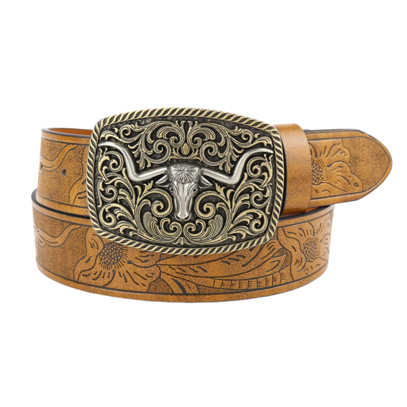 Men's Vintage Engraved Western Cowboy Leather Belt 66925597M