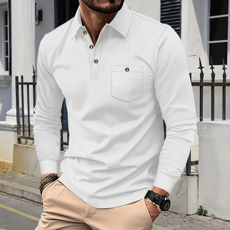Men's Solid Color Waffle Long Sleeve Polo Shirt MTA2464G1X