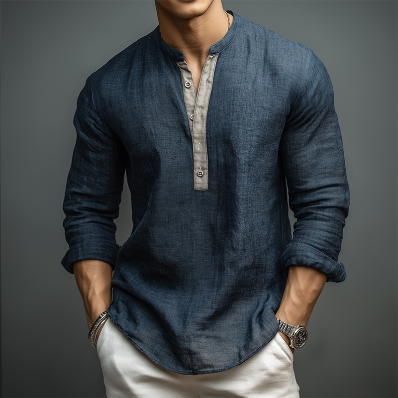 Men's Vintage Casual Cotton And Linen Henley Collar Long Sleeve Shirt MTA0697H8TO