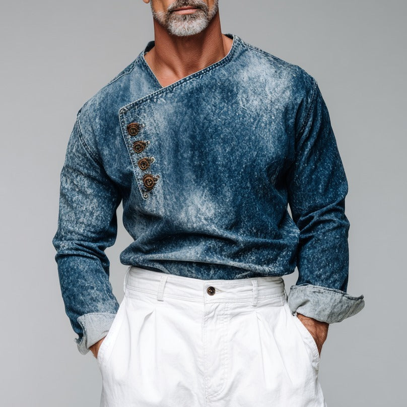 Men's Retro Casual Denim Distressed Pullover Long Sleeve Shirt MTA2652H6TO