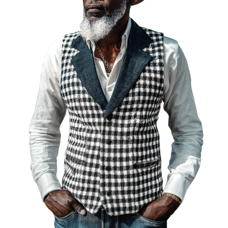 Mens Check Splicing Denim Notch Lapel Single Breasted Casual Vest MTA0898I5Z