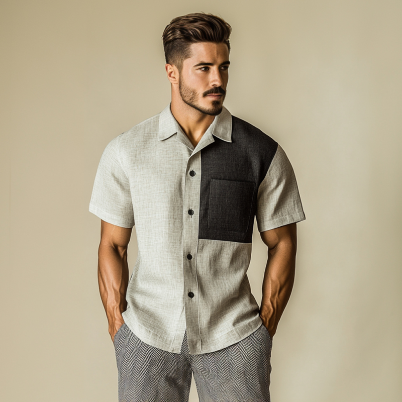 Men's Casual Contrast Linen Lapel Patch Pocket Slim Fit Short Sleeve Shirt MTA1525E7M