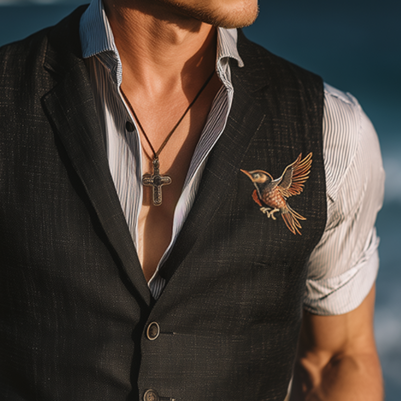 Men's Vintage Casual Hummingbird Embroidered Linen Vest MTA1870G0TO