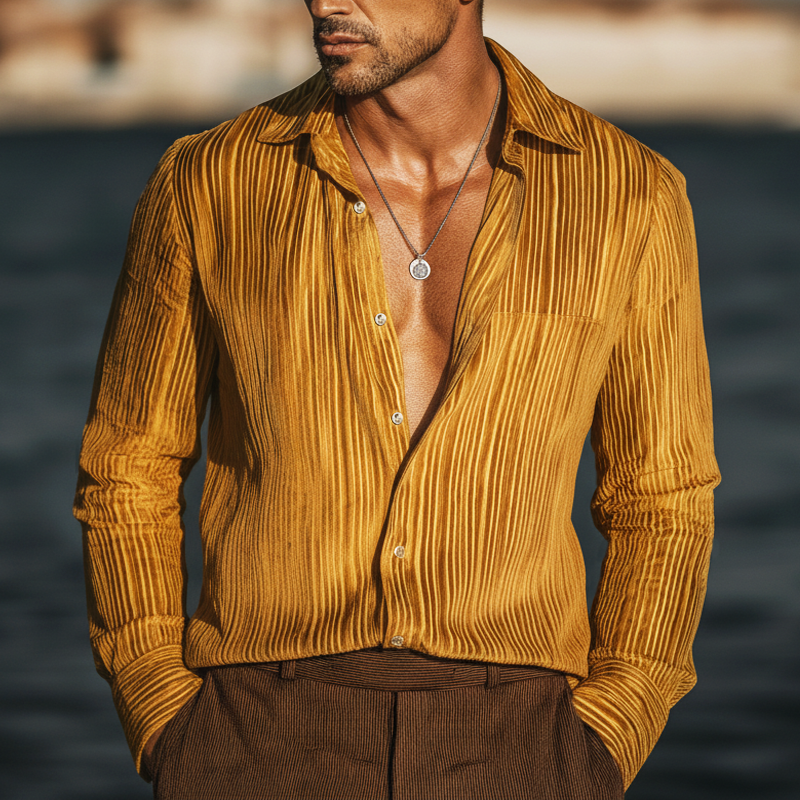 Men's Evening Wear: Luxurious, Slightly Sheer, Velvet-striped Long-sleeved Shirt. MTZ0698B1U