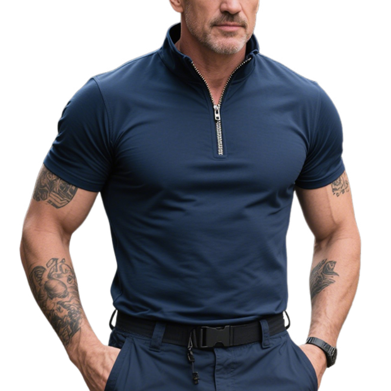 Men's Retro Casual Outdoor Training Cotton Zipper Stand Collar Short Sleeve T-Shirt MTA1492E5TO