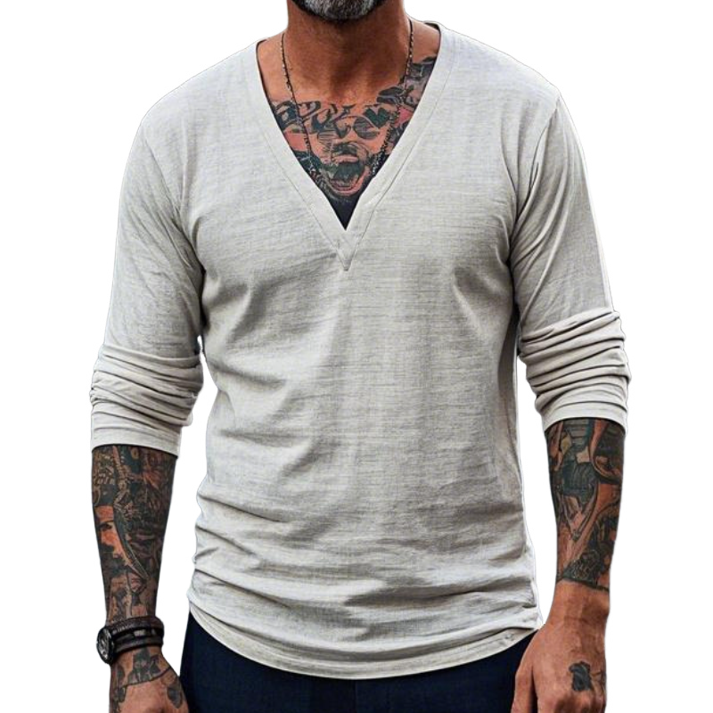 Men's Vintage Casual V-neck Long-sleeved T-shirt 93289081F