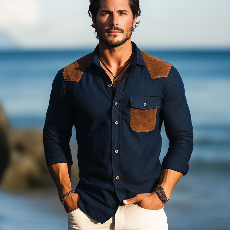 Men's Business Cotton Suede Stitching Long Sleeve Shirt MTA2862G5U
