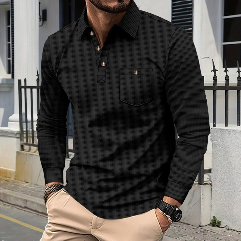 Men's Solid Color Waffle Long Sleeve Polo Shirt MTA2464G1X