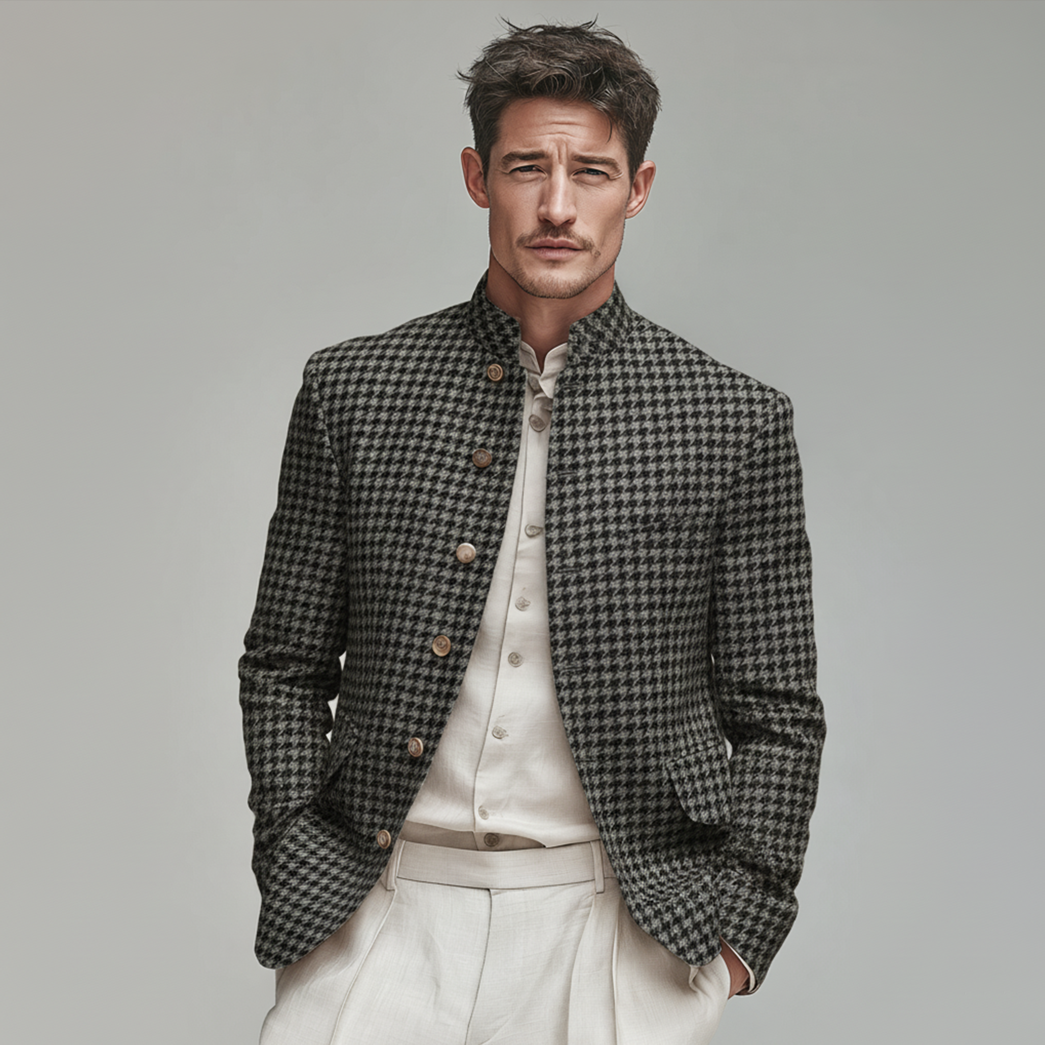 Men's Classic Retro Stand Collar Faux Houndstooth Wool Slim Fit Single-breasted Jacket MTA1187J8K