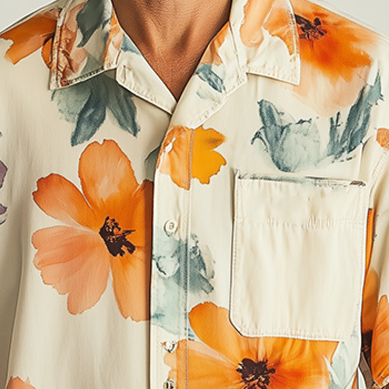 Men's Summer Fashion Floral Print Cotton And Linen Short Sleeve Shirt MTA1526E5P