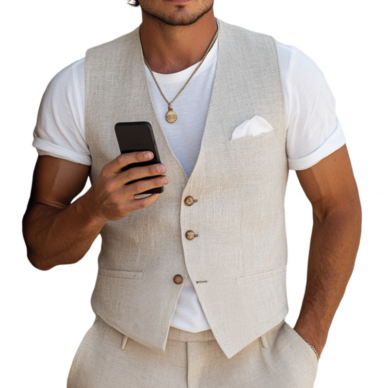 Men's Casual Breathable Linen V-neck Single-breasted Slim-fit Suit Vest MTA2147G9M
