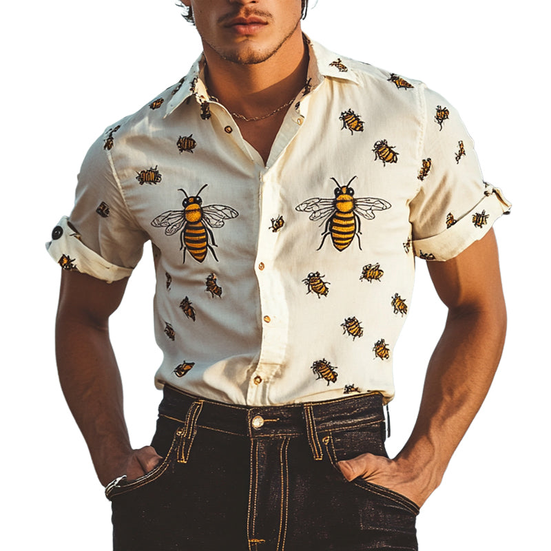 Men's Funny Bee Print Lapel Short Sleeve Shirt MTA2241D5X