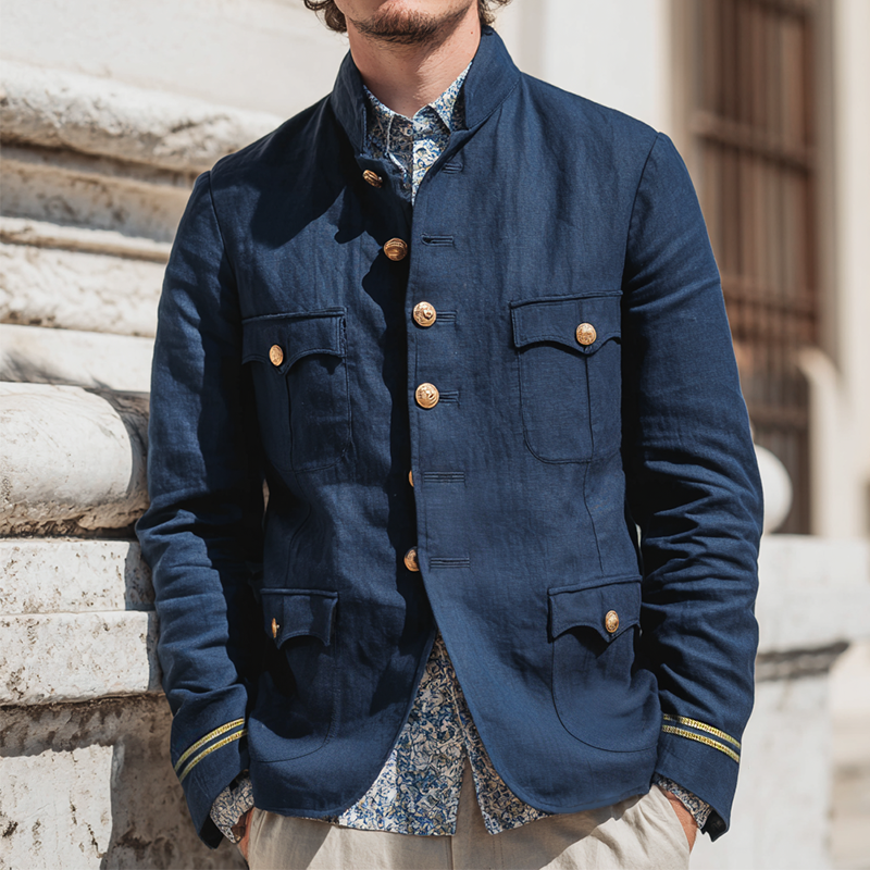 Men's Vintage Casual Cotton And Linen Solid Color Navy Stand Collar Jacket MTA0150H0TO
