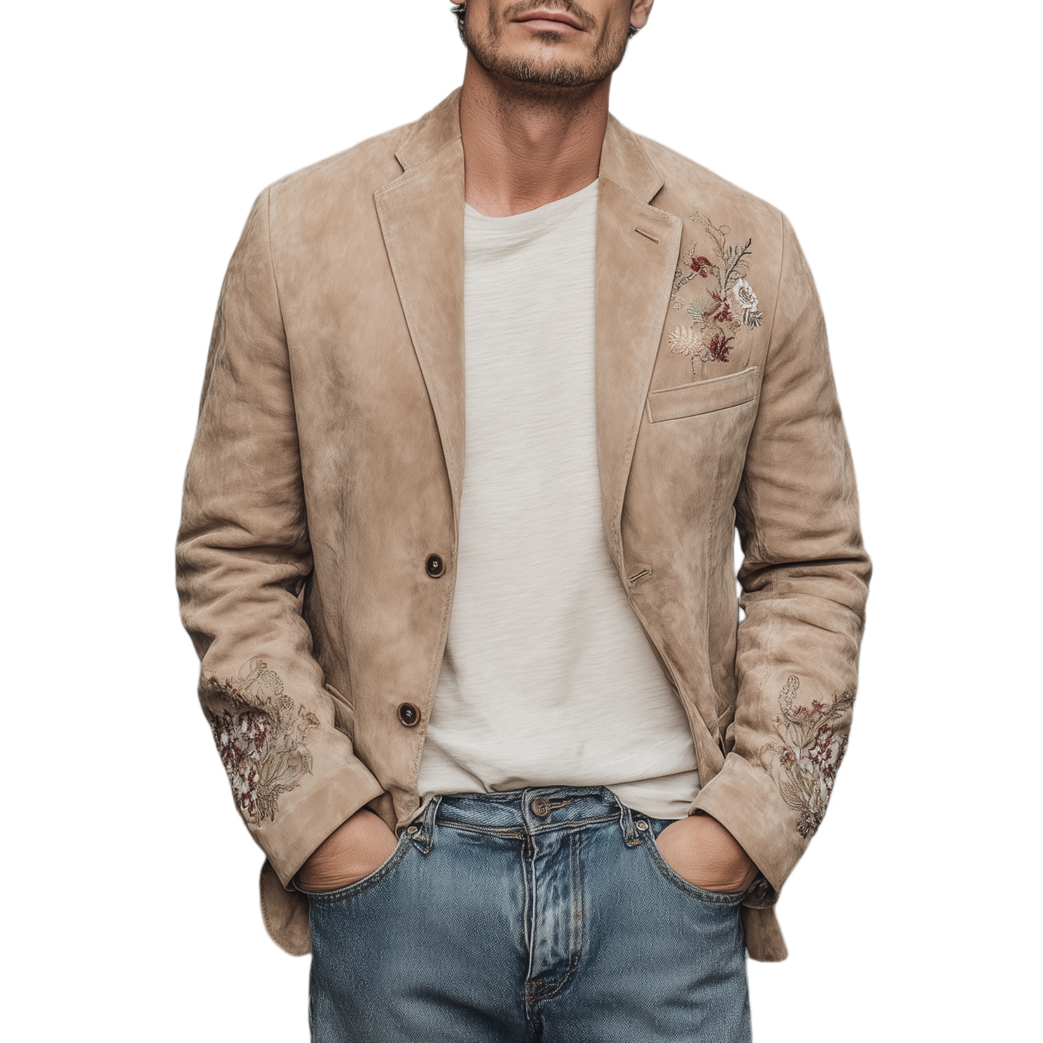 Men's Spring Fashion Casual Thin Suede Chest And Cuff Embroidery Single Breasted Blazer MTA1815G9K