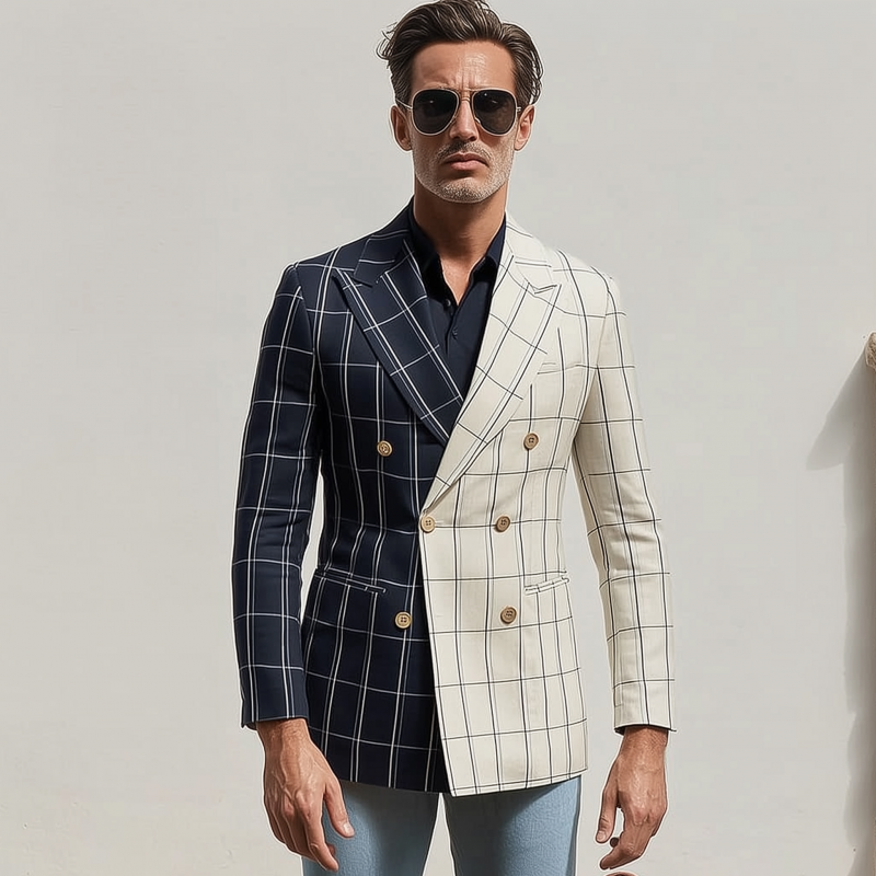 Men's Stylish Colorblock Cotton Blend Plaid Peaked Lapel Double-breasted Slim-fit Blazer MTA1986G5M