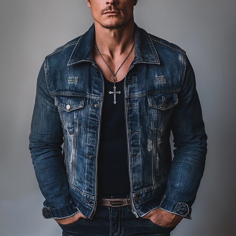 Men's Vintage Washed Distressed Denim Jacket MTA2184G1P