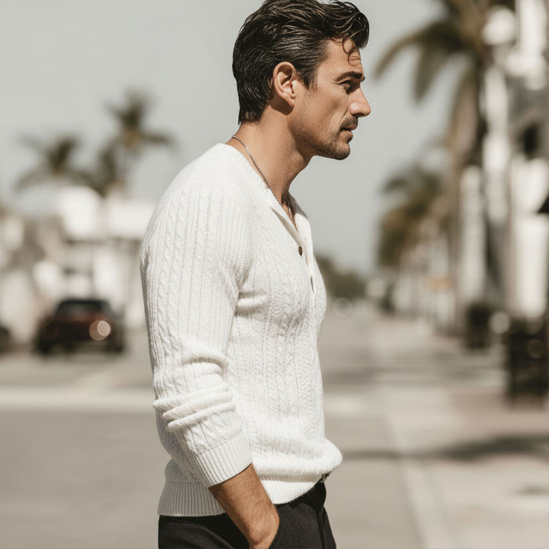 Men's Classic Knit Jacquard Three-button Henley Neck Slim-fit Sweater MTA3098K5U