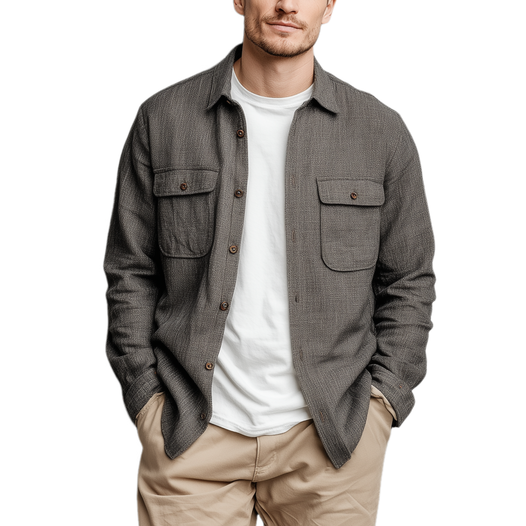 Men's Classic Casual Cotton And Linen Blended Color Textured Pocket Long Sleeve Shirt MTA2894G7K