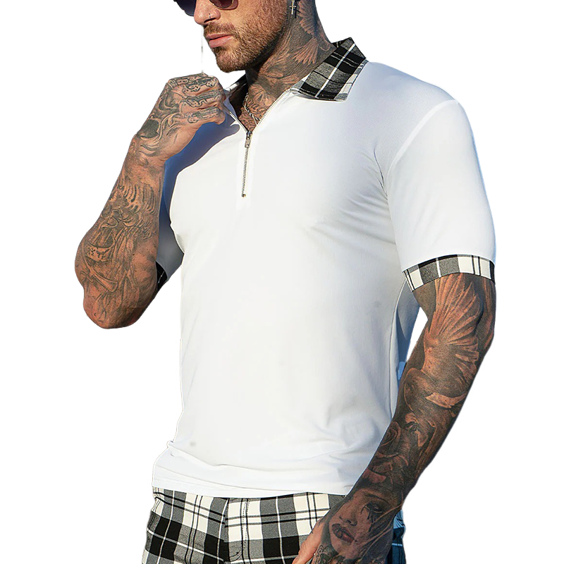 Men's Plaid Stitching Casual Short Sleeve POLO Shirt MTA0292G8X