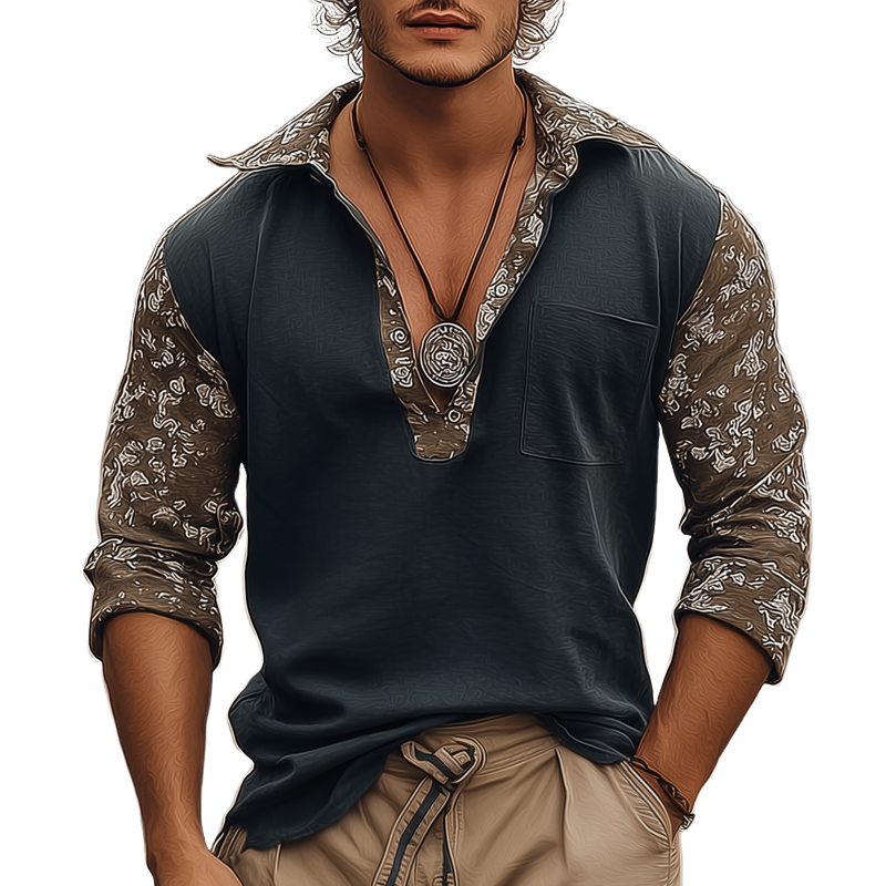 Men's Floral Stitching Lapel Long Sleeve T-shirt MTA1377H2Z