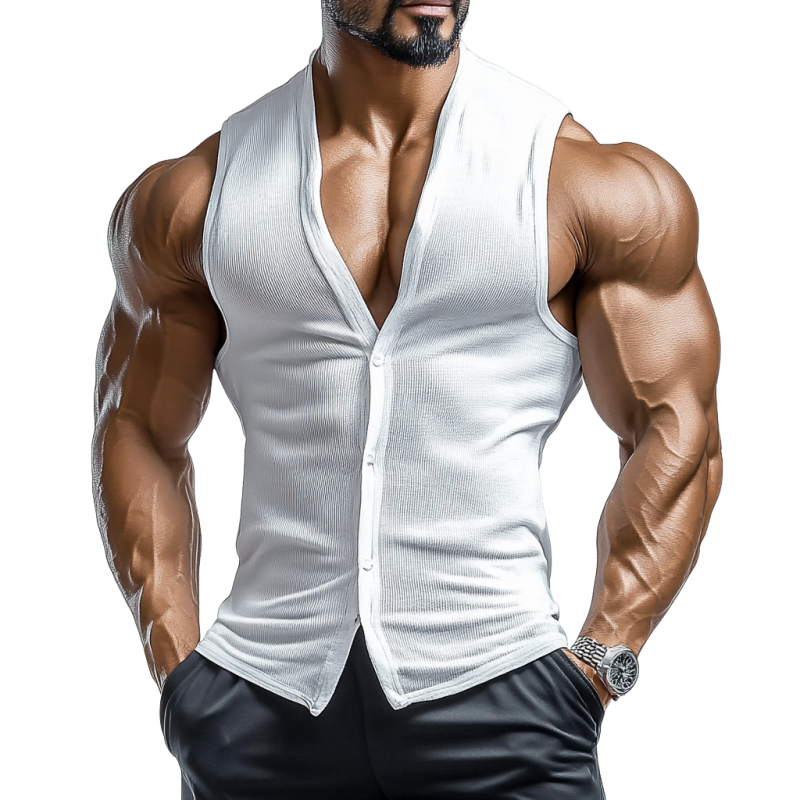 Men's Casual Cotton Blended Ribbed V-Neck Single-Breasted Slim Fit Tank Top MTA1387E5M