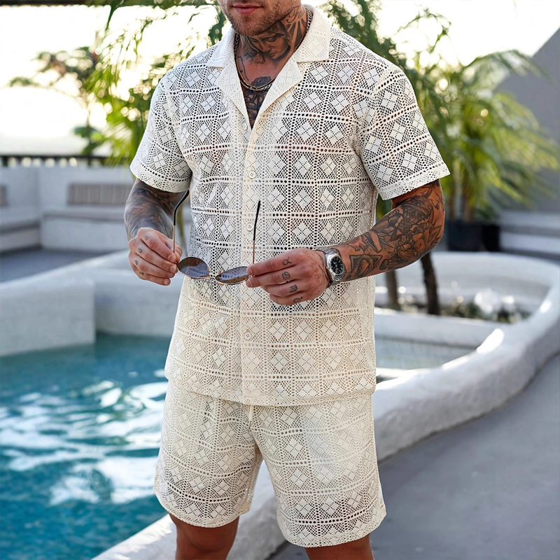 Men's Solid Color Lace Short-sleeved Shorts Two-piece Set MTA0588G7X