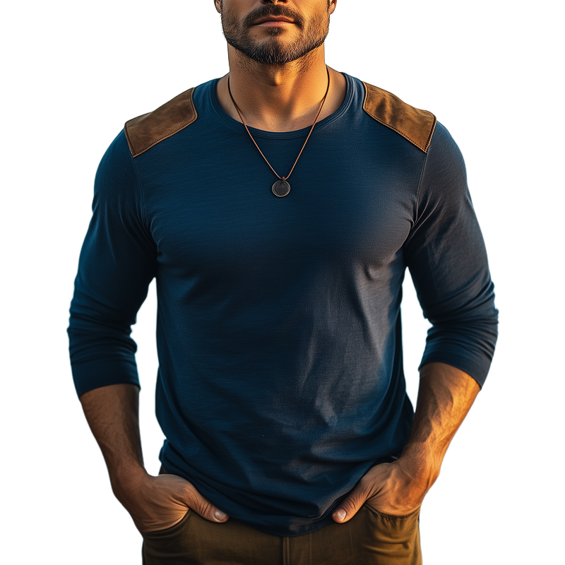 Men's Classic Cotton Crew Neck Suede Panel Long Sleeve T-Shirt MTA3041G5U