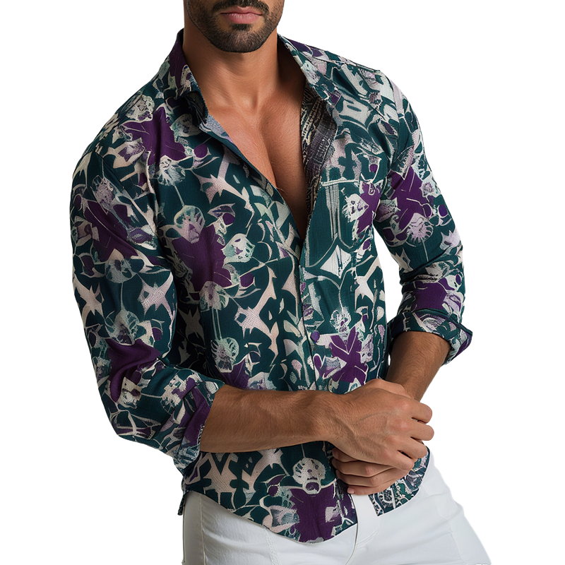 Men's Geometric Print Lapel Long Sleeve Shirt MTA2489G3Z