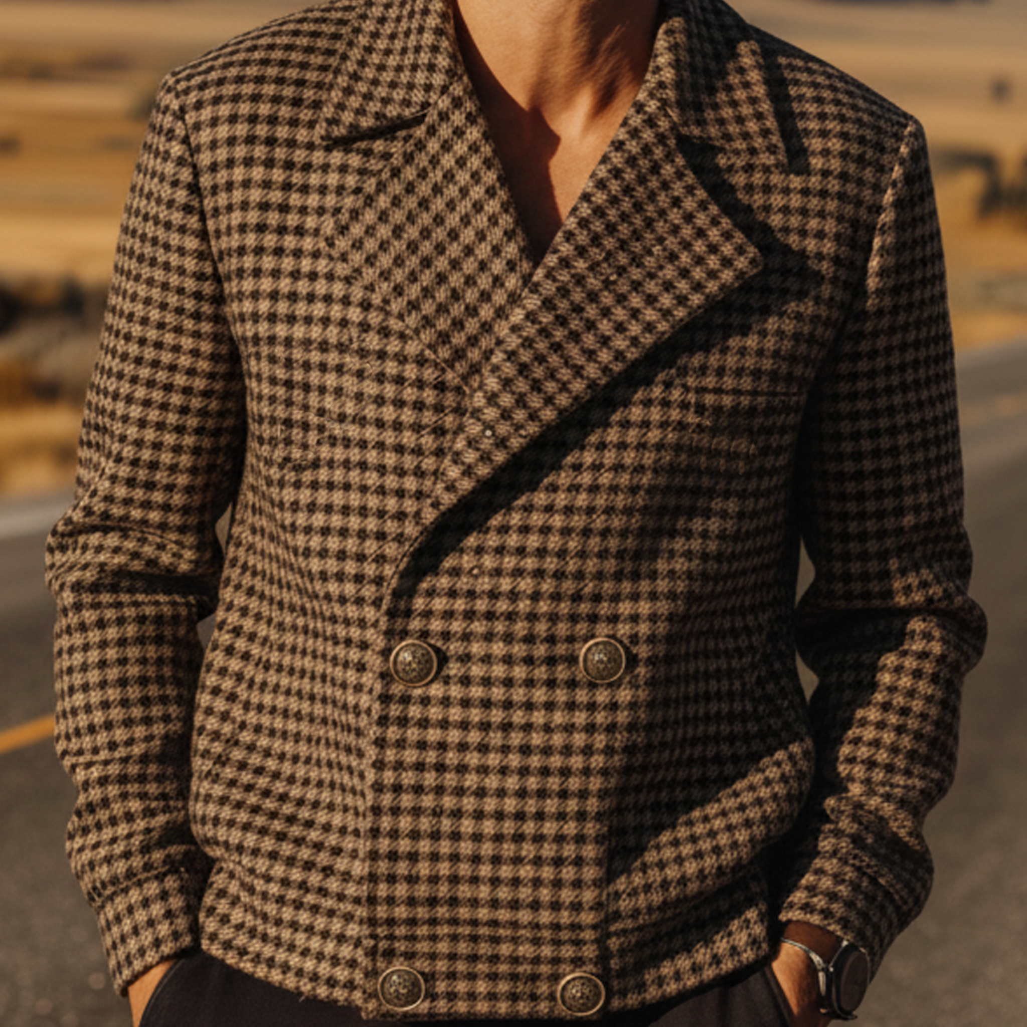 Men's Classic Vintage Lapel Double-breasted Houndstooth Wool Jacket MTA0988L8K