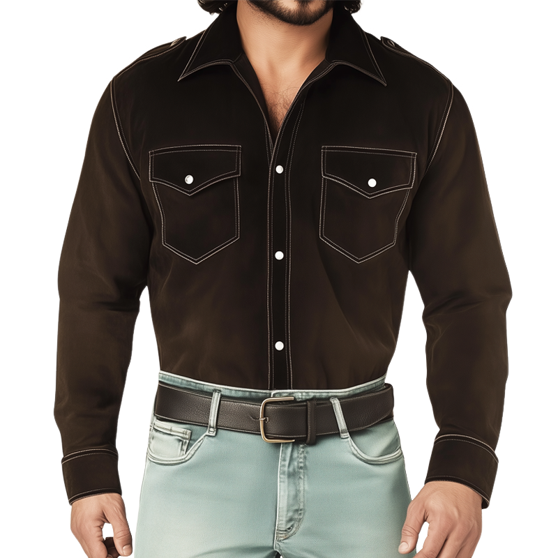 Men's Spring And Autumn Basic Dark Brown Suede Long Sleeve Shirt MTA0764H9U