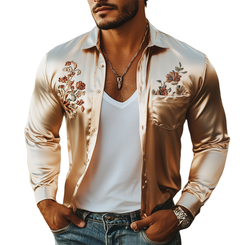 Men's Classic Champagne Satin Floral Embroidered Long Sleeve Shirt MTA2498G6U