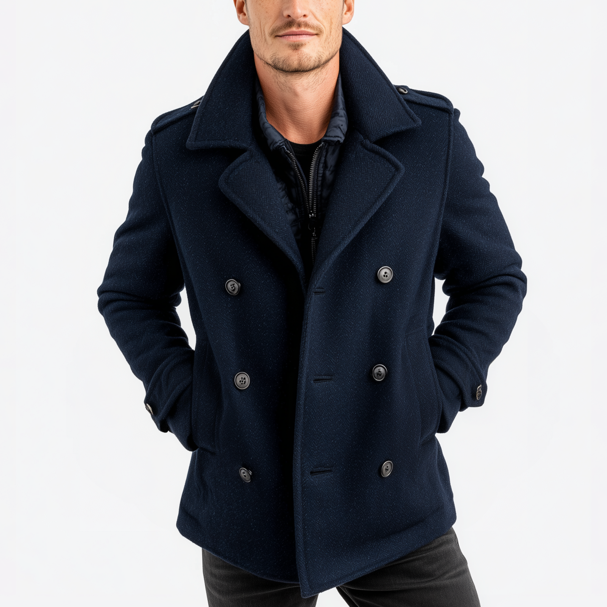 Men's Classic Retro Lapel Navy Blue Double-breasted Faux Woolen Short Coat MTA2644I9K