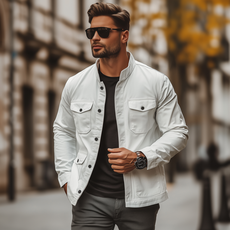 Men's Casual Outdoor Solid Color Breathable Cotton Stand Collar Single Breasted Multi-Pocket Workwear Jacket MTA2545G2M