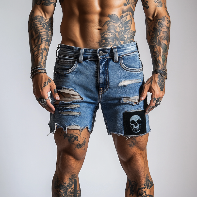 Men's Skull Pattern Patchwork Ripped Denim Shorts MTA1758F6X